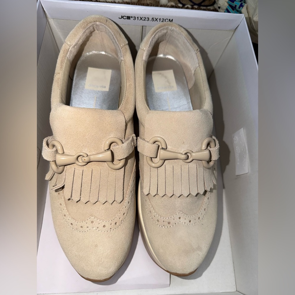 Dolce Vita Tan Loafers with Fringe and Chain Detail